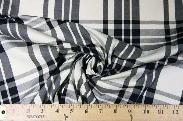 Navy & Light Taupe Plaid Stretch Poplin